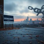 Flick International Weathered Democratic campaign sign in a desolate urban landscape at dusk