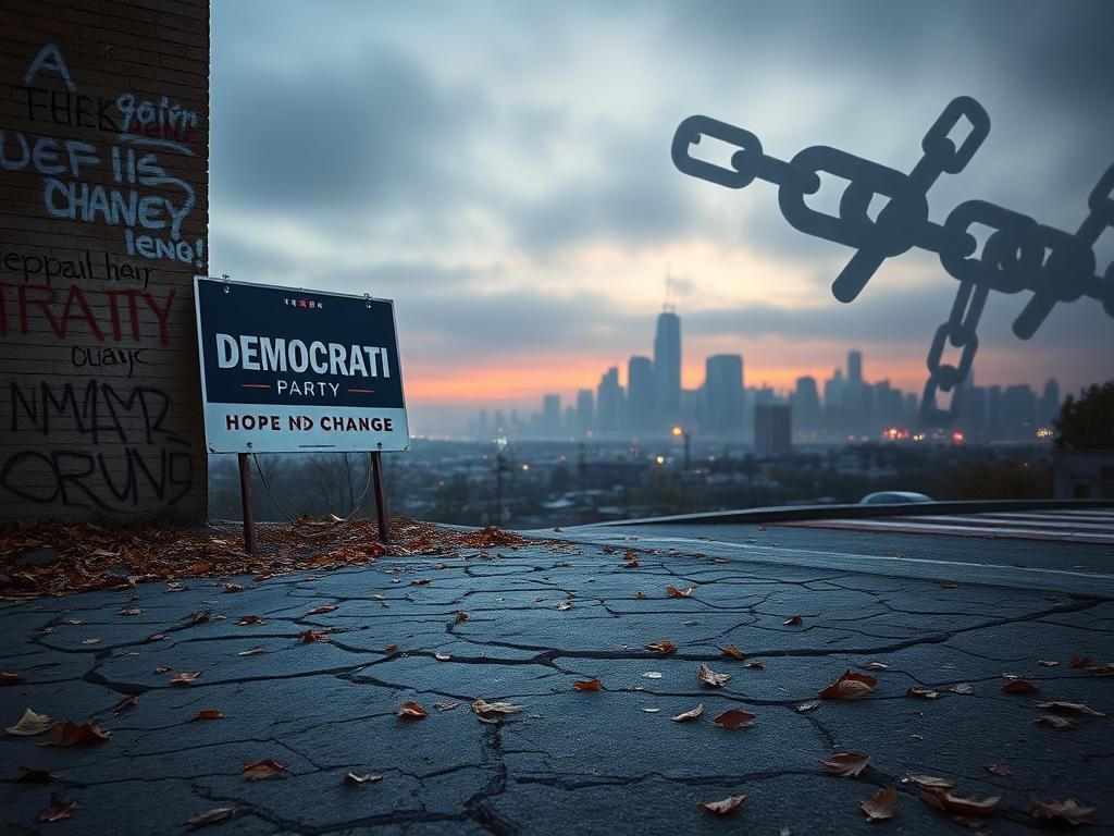 Flick International Weathered Democratic campaign sign in a desolate urban landscape at dusk