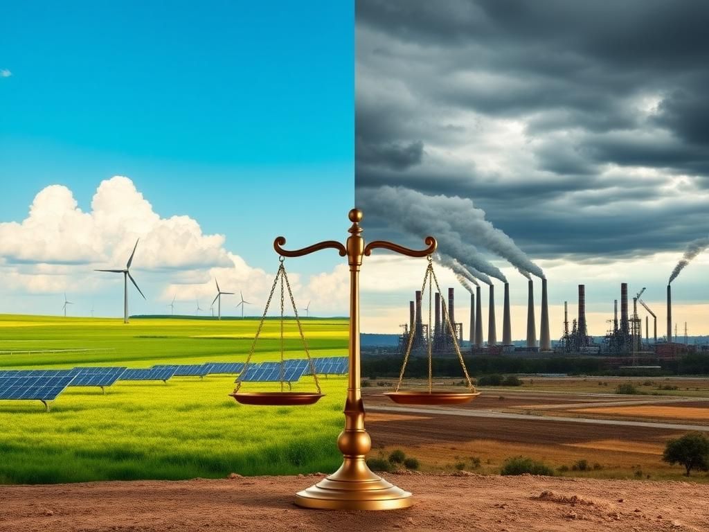 Flick International A dynamic landscape showing wind turbines and solar panels contrasting with industrial smokestacks under a dark sky.