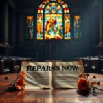 Flick International Empty Congressional chamber with an open document inscribed 'Reparations Now' on a table surrounded by fading flowers