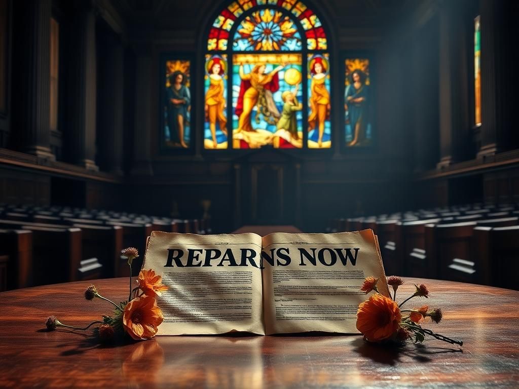 Flick International Empty Congressional chamber with an open document inscribed 'Reparations Now' on a table surrounded by fading flowers