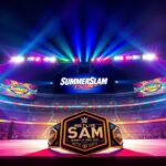 Flick International A breathtaking view of MetLife Stadium at night with colorful spotlights during a wrestling event.