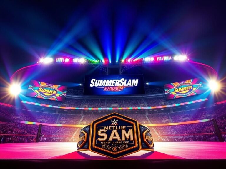 Flick International A breathtaking view of MetLife Stadium at night with colorful spotlights during a wrestling event.