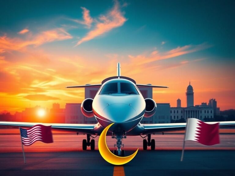 Flick International Modern private jet in front of a diplomatic facility with Washington, D.C. skyline