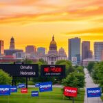 Flick International Vibrant cityscape of Omaha, Nebraska, during the mayoral election celebration