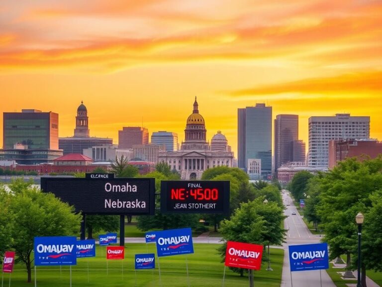 Flick International Vibrant cityscape of Omaha, Nebraska, during the mayoral election celebration