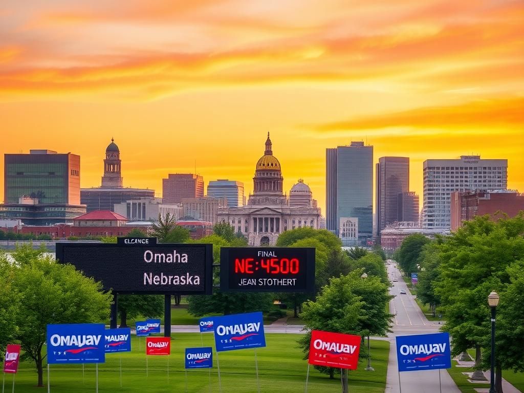 Flick International Vibrant cityscape of Omaha, Nebraska, during the mayoral election celebration