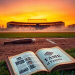 Flick International Sunset over a baseball field with a worn bat and stack of baseballs