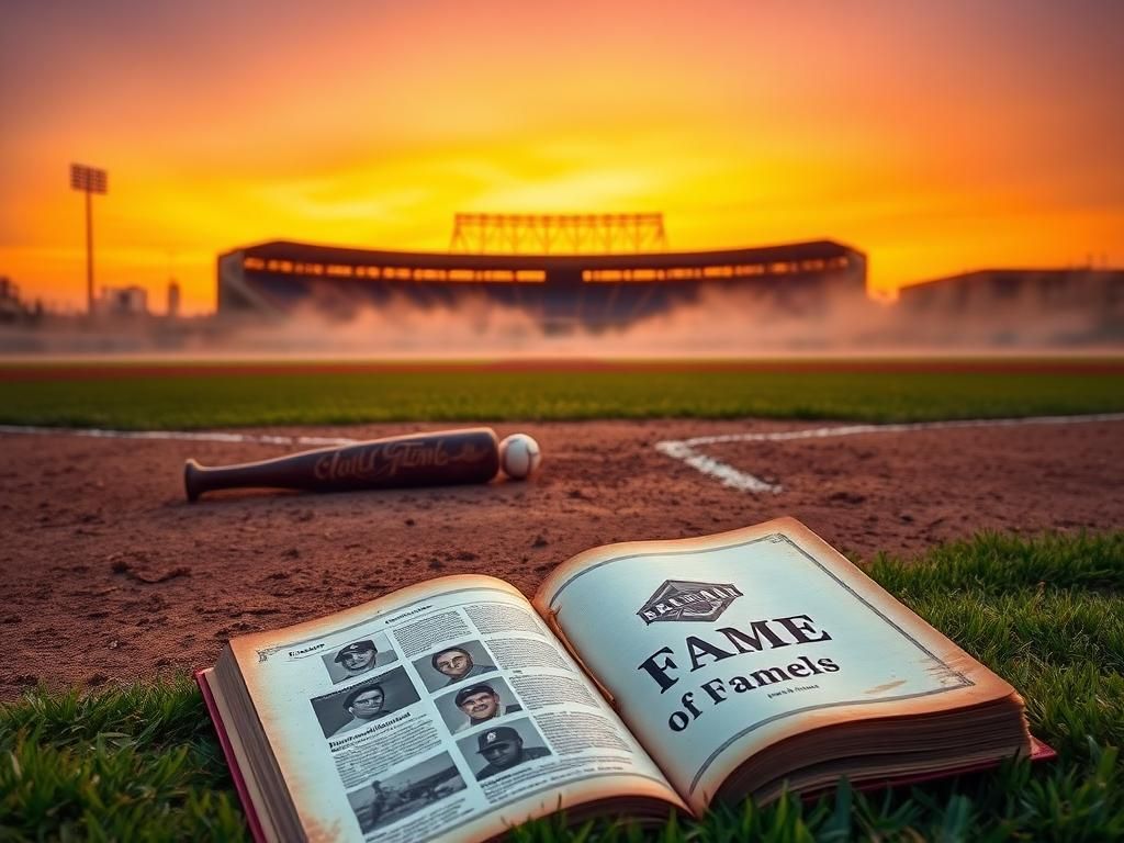 Flick International Sunset over a baseball field with a worn bat and stack of baseballs
