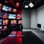 Flick International Dynamic split-screen image contrasting a crowded media room with an empty television studio, representing media exposure in sports.