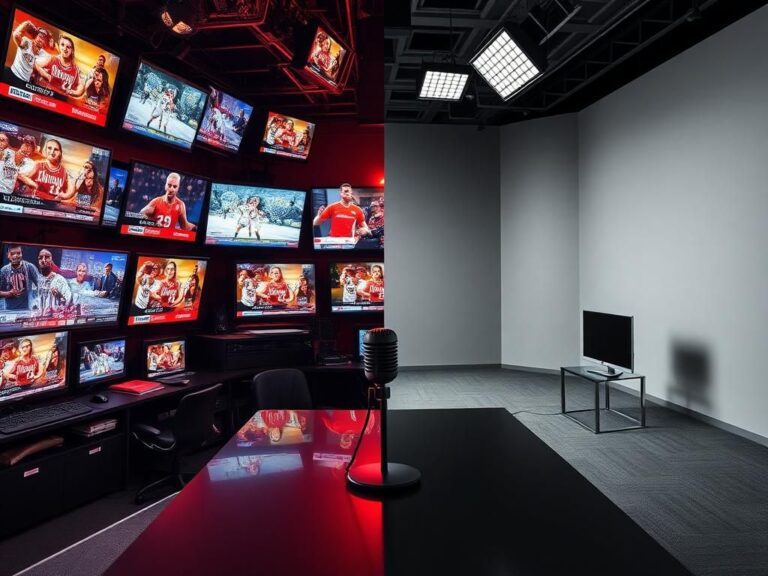 Flick International Dynamic split-screen image contrasting a crowded media room with an empty television studio, representing media exposure in sports.
