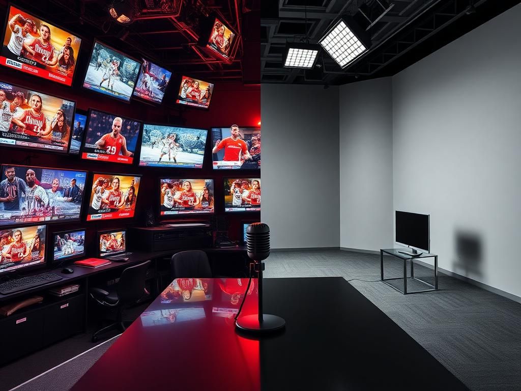 Flick International Dynamic split-screen image contrasting a crowded media room with an empty television studio, representing media exposure in sports.