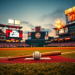 Flick International Vibrant baseball stadium scene at twilight with vintage baseball bat and ball symbolizing Pete Rose's legacy