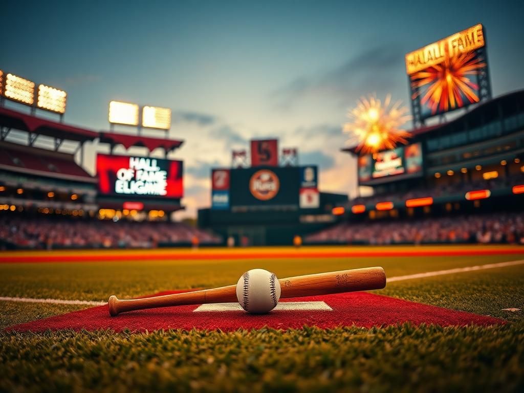 Flick International Vibrant baseball stadium scene at twilight with vintage baseball bat and ball symbolizing Pete Rose's legacy