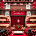 Flick International Modern university auditorium decorated in crimson and white with a presidential podium