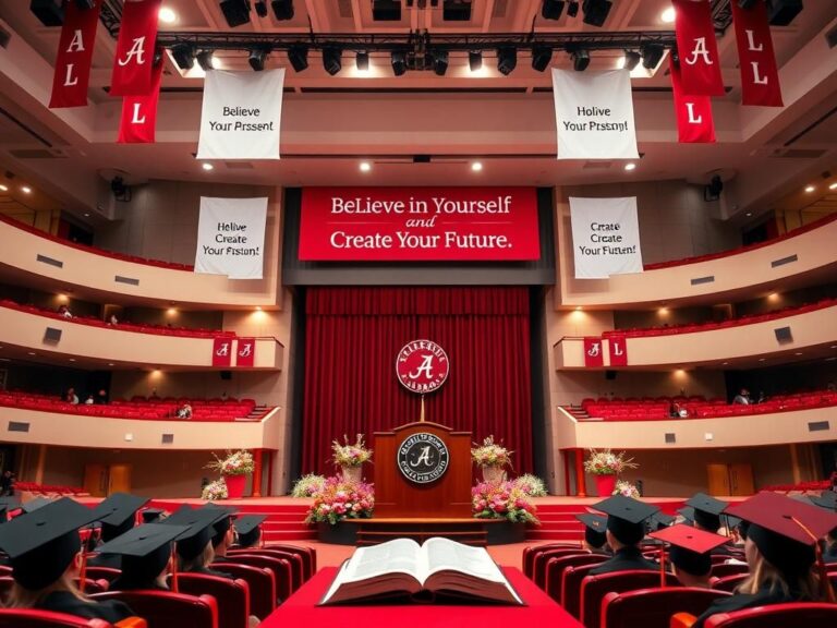 Flick International Modern university auditorium decorated in crimson and white with a presidential podium