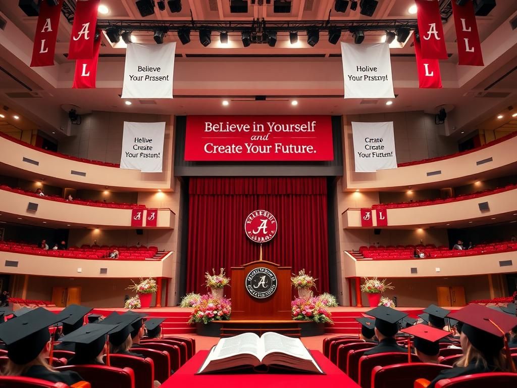 Flick International Modern university auditorium decorated in crimson and white with a presidential podium