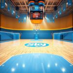 Flick International A vibrant basketball court scene in the Chicago Sky team colors of sky blue, yellow, and white, showcasing the iconic center logo.