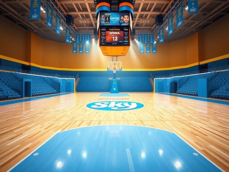 Flick International A vibrant basketball court scene in the Chicago Sky team colors of sky blue, yellow, and white, showcasing the iconic center logo.