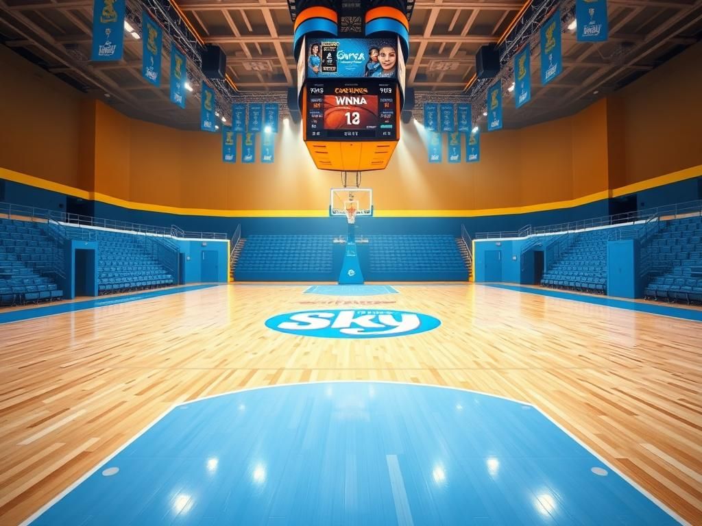 Flick International A vibrant basketball court scene in the Chicago Sky team colors of sky blue, yellow, and white, showcasing the iconic center logo.