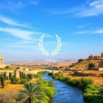 Flick International A vibrant landscape of Syrian terrain with ancient ruins and olive trees symbolizing peace and growth