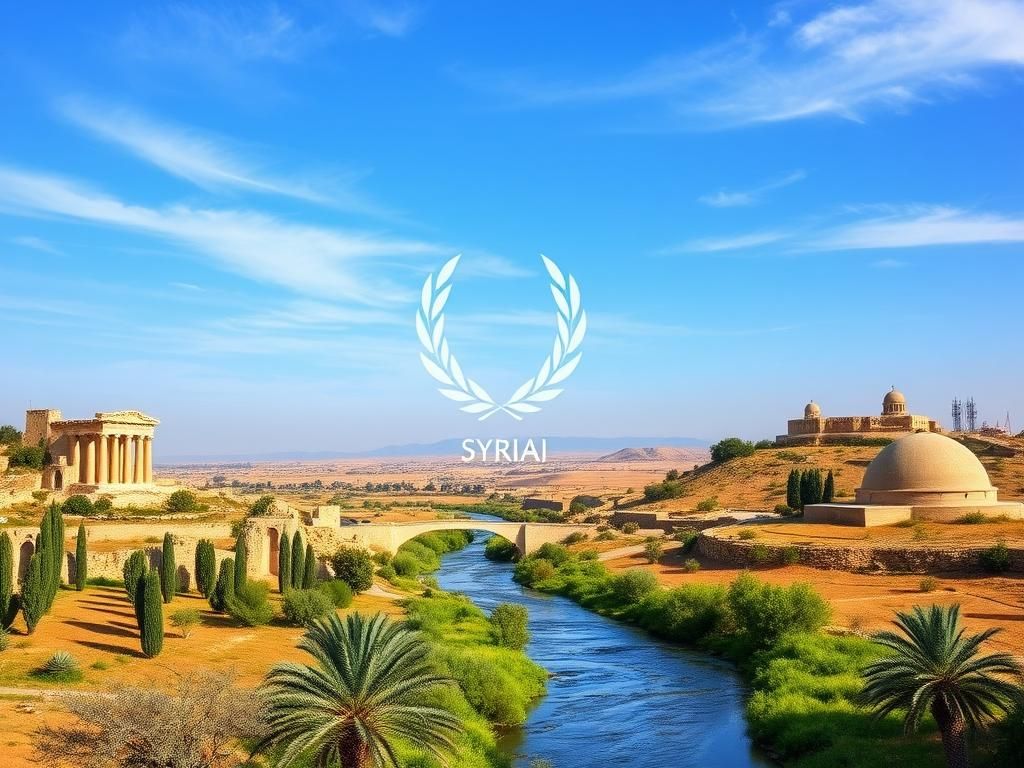 Flick International A vibrant landscape of Syrian terrain with ancient ruins and olive trees symbolizing peace and growth