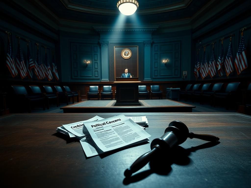 Flick International Dimly lit congressional chamber with empty seats and a podium, symbolizing political neglect