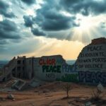 Flick International Urban landscape with ruins and graffiti messages symbolizing hope and peace