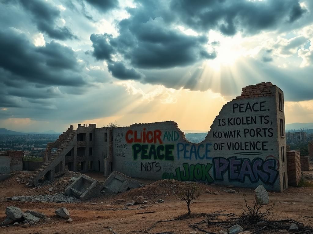 Flick International Urban landscape with ruins and graffiti messages symbolizing hope and peace
