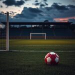 Flick International A dramatic soccer field scene at dusk with an empty goalpost and an abandoned ball, symbolizing the absence of player Savy King