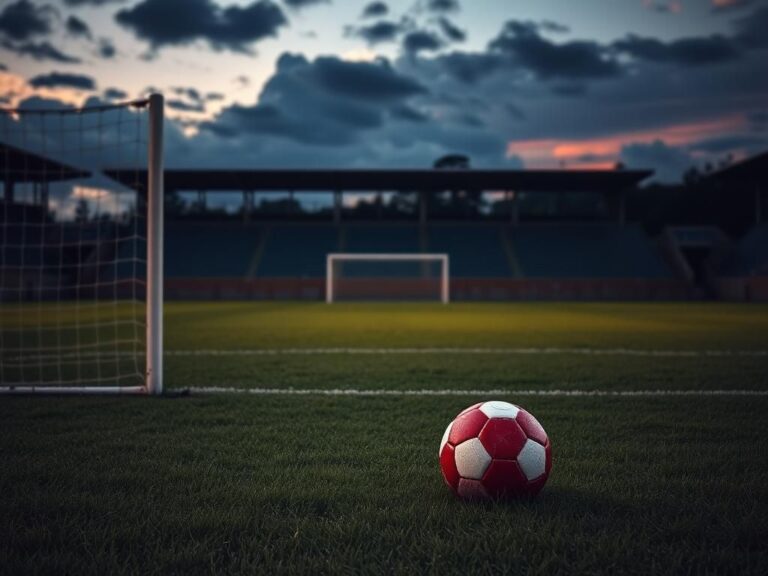Flick International A dramatic soccer field scene at dusk with an empty goalpost and an abandoned ball, symbolizing the absence of player Savy King