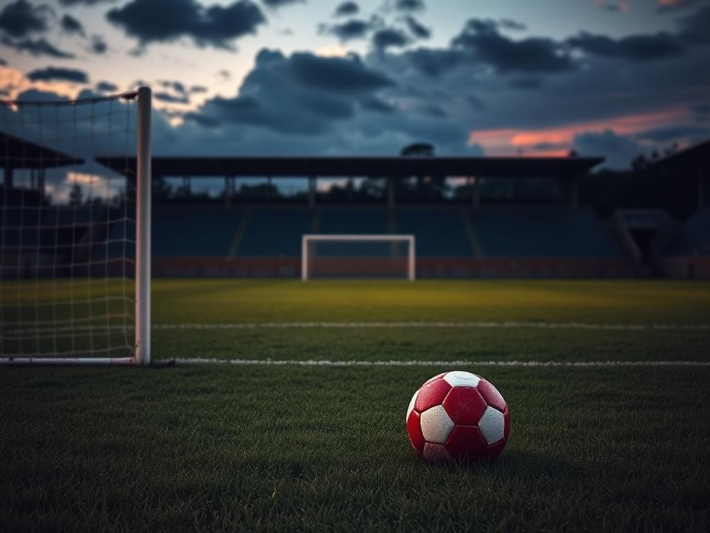 Flick International A dramatic soccer field scene at dusk with an empty goalpost and an abandoned ball, symbolizing the absence of player Savy King