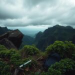 Flick International Rugged cliffs and lush greenery of Pali Lookout trail in Oahu, Hawaii, highlighting danger and tension.