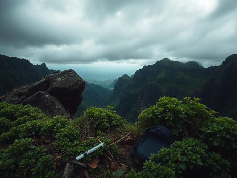 Flick International Rugged cliffs and lush greenery of Pali Lookout trail in Oahu, Hawaii, highlighting danger and tension.