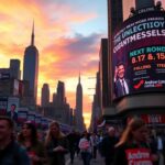 Flick International A vibrant New York City skyline at dusk featuring campaign posters for Andrew Cuomo