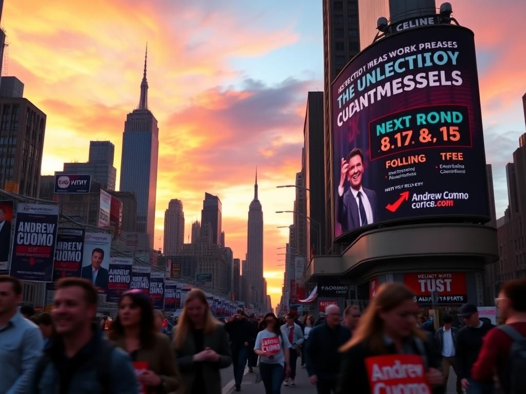 Flick International A vibrant New York City skyline at dusk featuring campaign posters for Andrew Cuomo