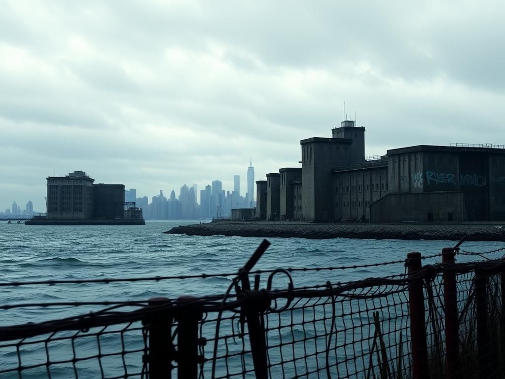 Flick International Panoramic view of Rikers Island jail complex under a moody, overcast sky