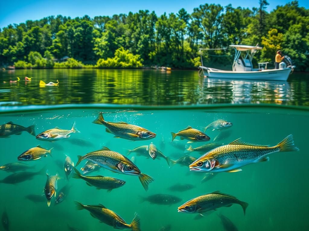 Flick International Underwater scene showing various fish species in Douglas Lake, East Tennessee, reflecting the post-Hurricane Helene ecosystem.