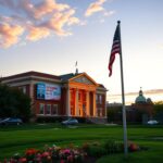 Flick International Vibrant evening view of Cedar Rapids with illuminated town hall and community banners