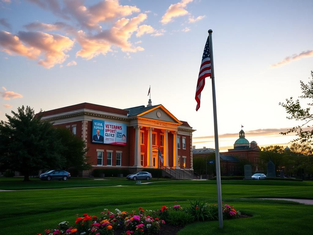 Flick International Vibrant evening view of Cedar Rapids with illuminated town hall and community banners