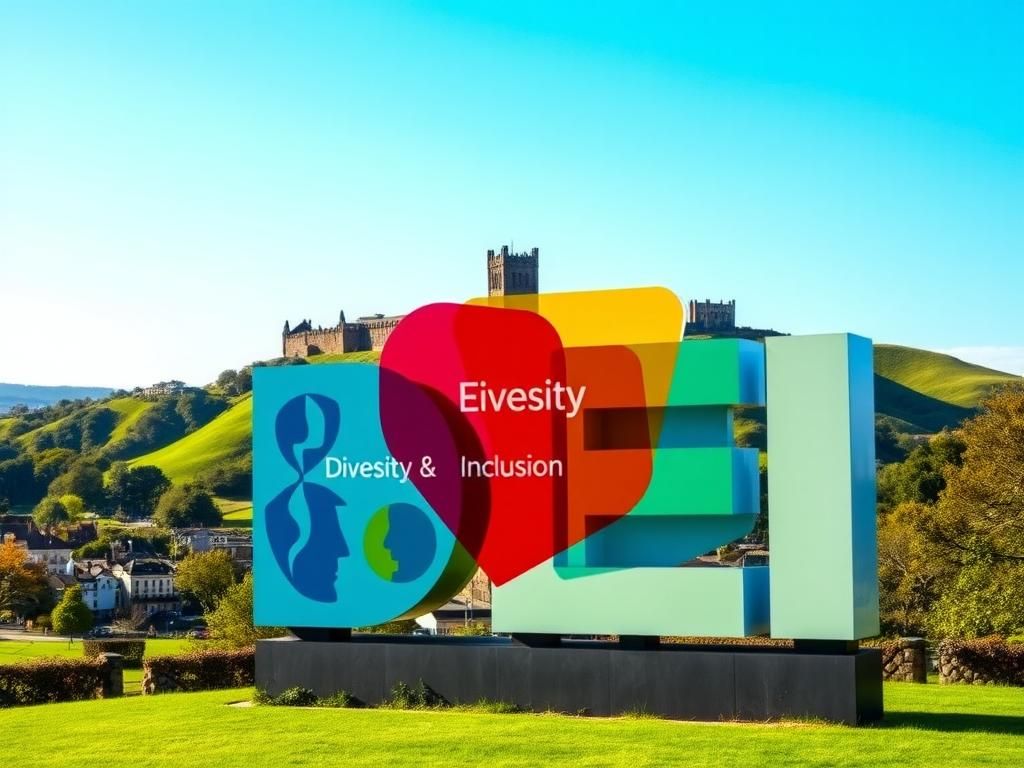 Flick International Scenic view of Edinburgh, Scotland with Edinburgh Castle and a colorful DEI-themed sign