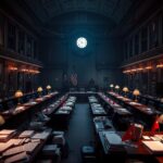 Flick International Dimly lit room with wooden tables, stacks of papers, and laptops during a committee debate