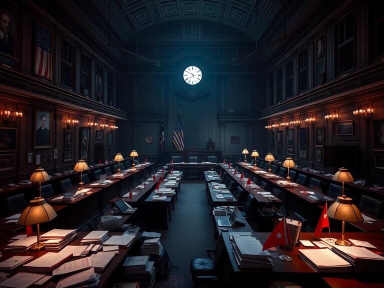 Flick International Dimly lit room with wooden tables, stacks of papers, and laptops during a committee debate