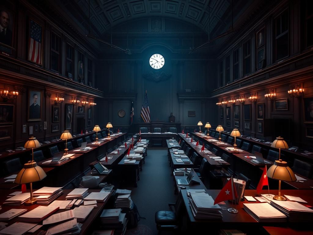 Flick International Dimly lit room with wooden tables, stacks of papers, and laptops during a committee debate