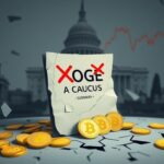 Flick International Stylized DOGE coins scattered against a cracked summary document symbolizing the defunct DOGE Caucus