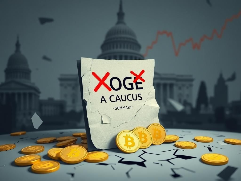 Flick International Stylized DOGE coins scattered against a cracked summary document symbolizing the defunct DOGE Caucus