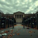 Flick International Empty entrance of Columbia University with metal detectors on a gray day