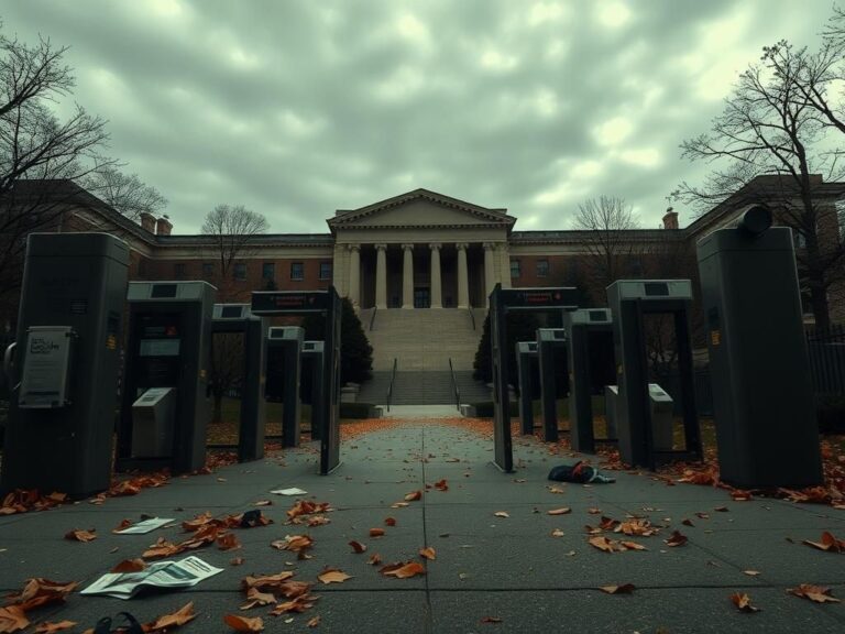 Flick International Empty entrance of Columbia University with metal detectors on a gray day