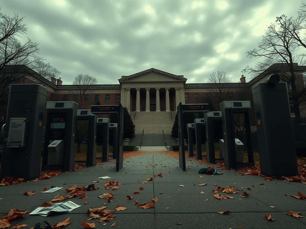 Flick International Empty entrance of Columbia University with metal detectors on a gray day