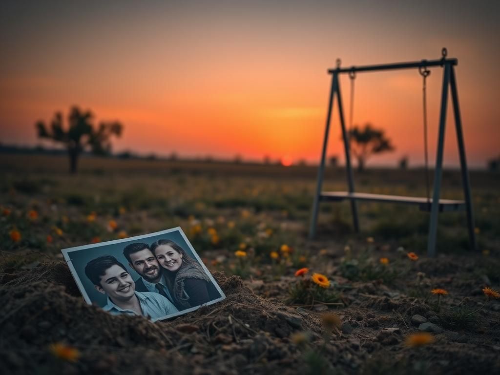 Flick International A family photograph of two sons with their mother, symbolizing hope amidst longing in a twilight landscape